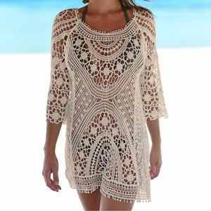 Swimsuit Cover Up Ivory Open-back Hollow Crochet Lace Mini Dress Women's Medium